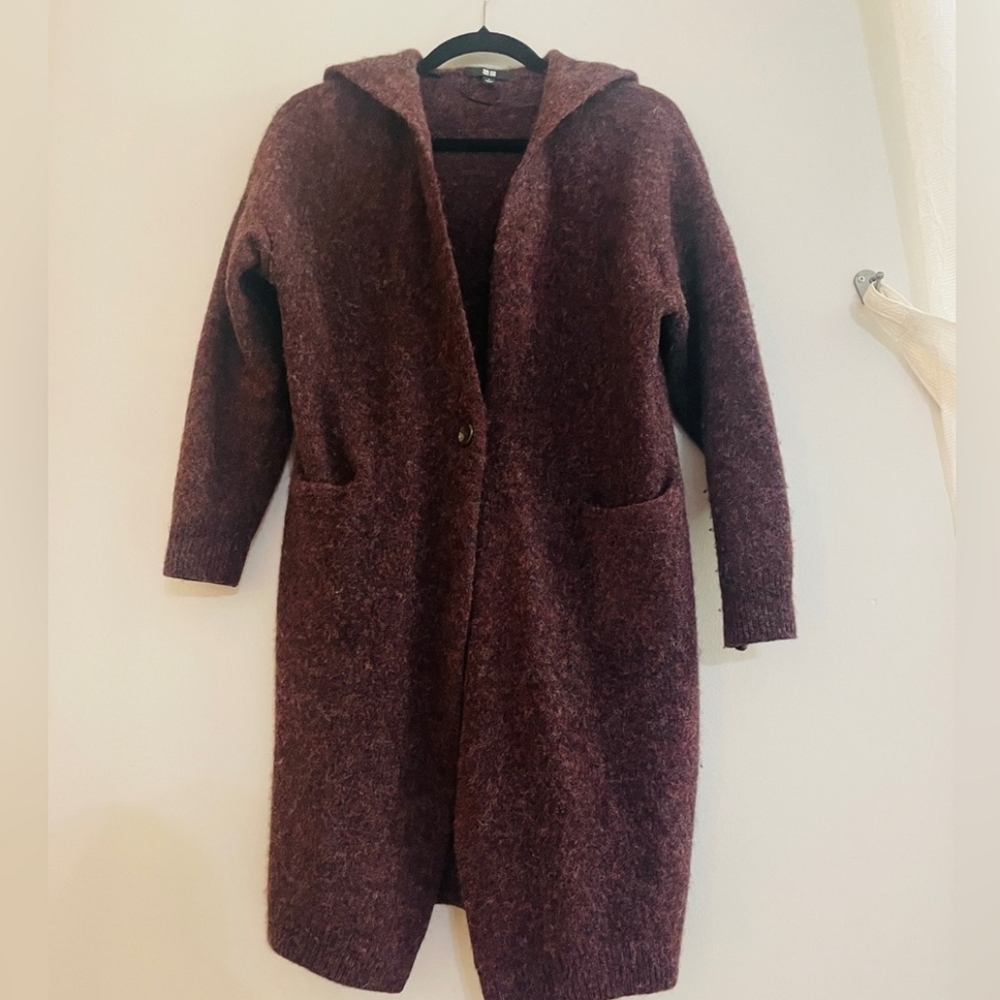 Uniqlo Cozy Hooded Cardigan, XS, Burgandy Wool